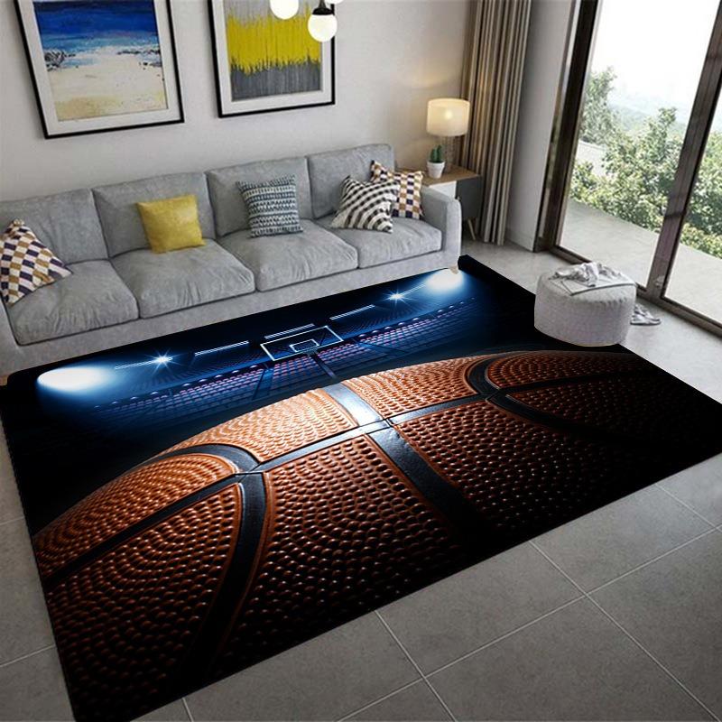 Sports Passion Rugs Football Basketball Flames Splash Effects with Gray Sofa Colorful Pillows Modern Living Room Decor