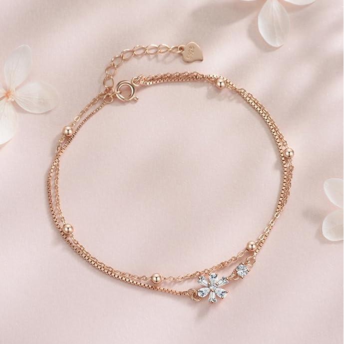 Women's Bracelet, 925 Silver, Cherry Blossom Flower Design, Double Chain, Simple, Cute, Hand Decoration, Birthday Present, For Women, Metal