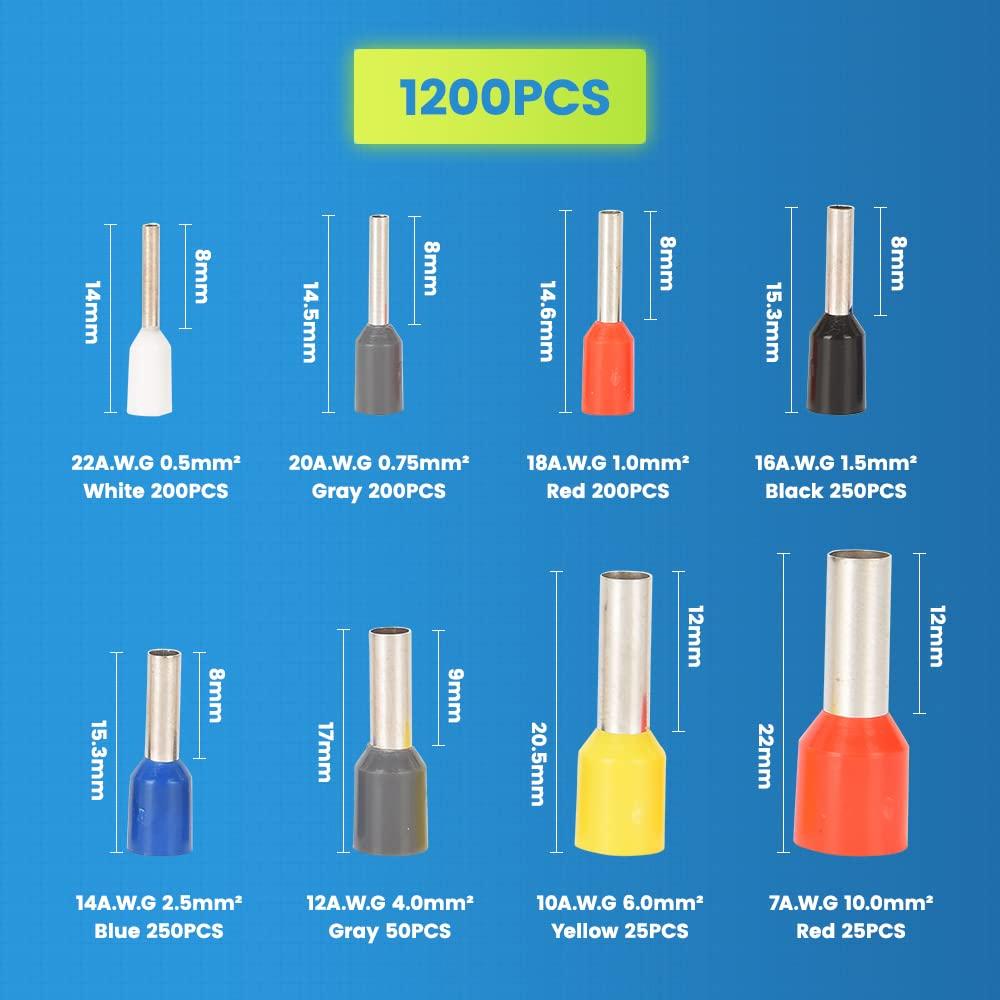 1200pcs Wire Ferrules Connectors Terminals Kit with Plier Insulated AWG 22-7 Wire Terminals Crimping Connectors Wire End Ferrule