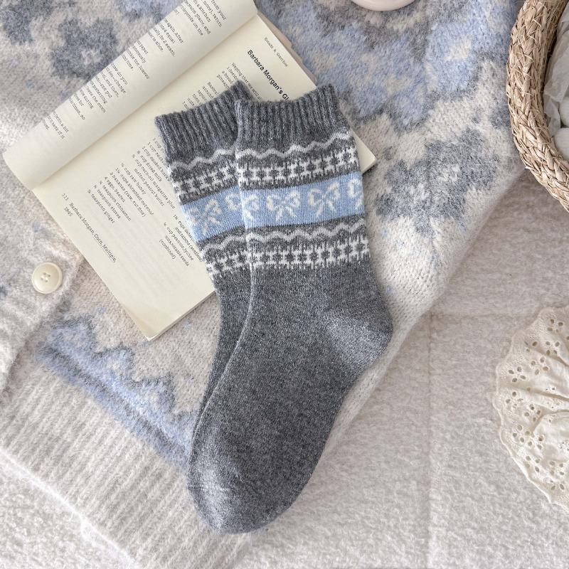 Winter and Autumn Wool Socks - Children's Fel Island Bow Tie Mid-length Socks, Warm and Retro Marbled Ribbed Pile Socks