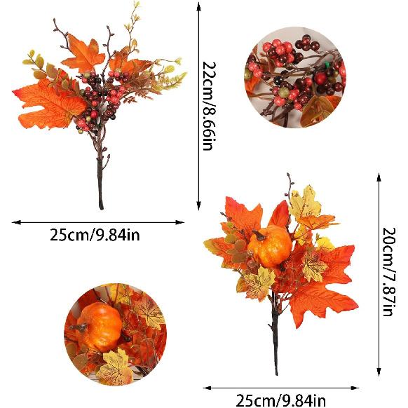 BEIJIALY 6Pcs Fall Floral Picks, Thanksgiving Table Flower Decor Fall Maple Leaves Branches with Pumpkins Berries Decor Fall Silk Leaves Branches for