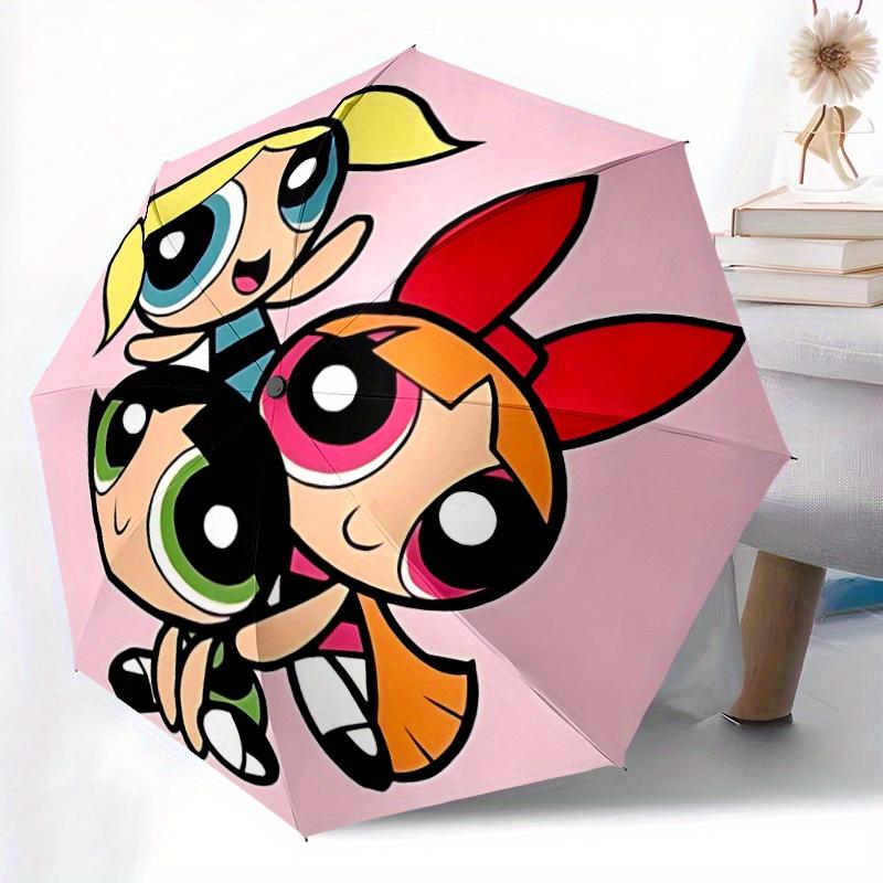 1 stuks Powerpuff Girls Automatische Paraplu - 8-Ribs Opvouwbaar Ontwerp, Buitenavonturen en Familiefeesten, Duurzaam Parapludoek y250827111