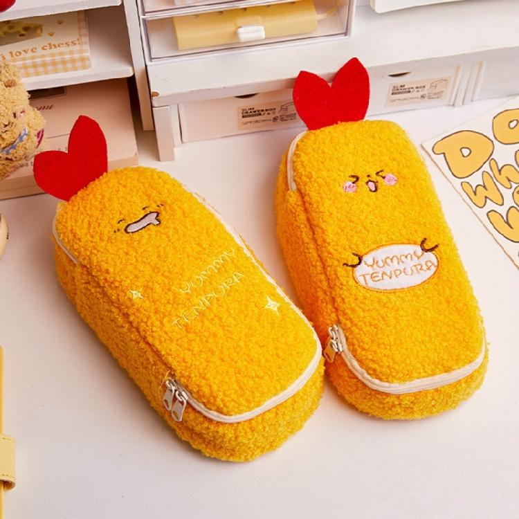 Cartoon Furry Shrimp Pencil Case Large Compartment Plush Pencil Pouches Zippered Closure For Offices School Travel Use