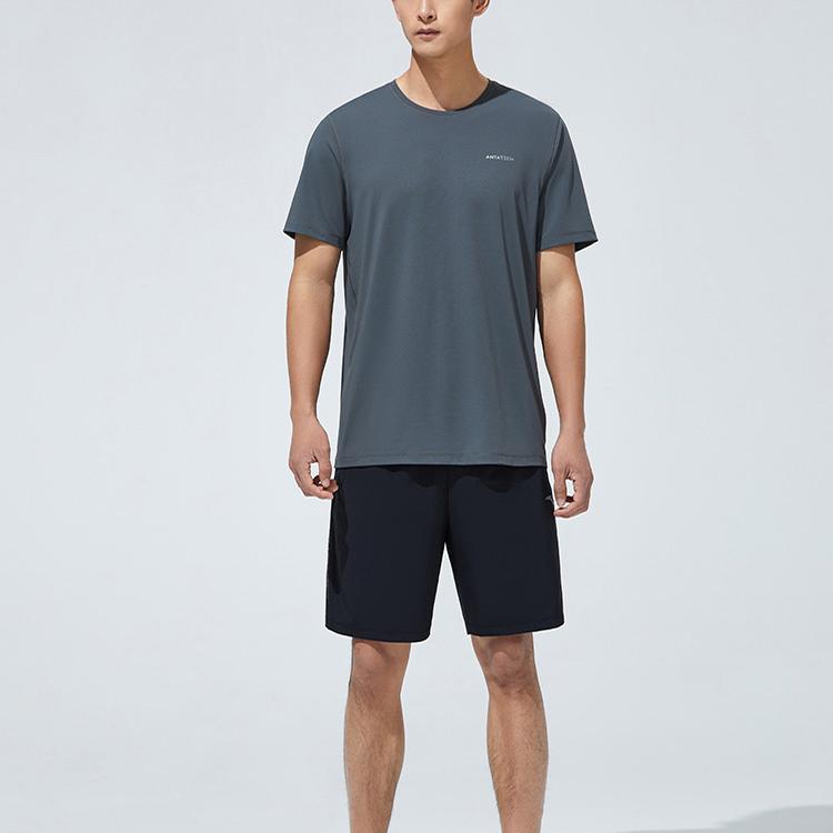 Anta Solid Color Pullover T-Shirt And Mid-Waist Straight Leg Shorts Casual Sports Set Men sets Mud-Green 952327202-6