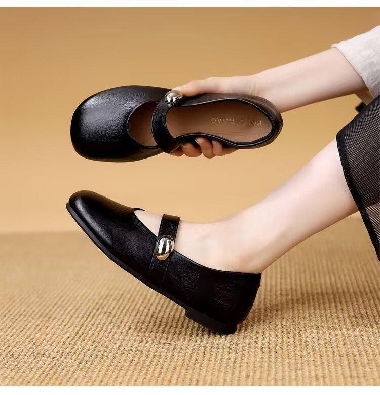 Soft-soled Mary Jane Small Leather Shoes for Women's 2025 Autumn New Popular Retro Single Shoes Versatile Flat-soled Shallow-mouth Beanie Shoes