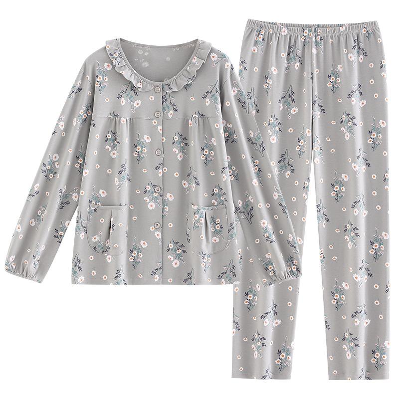 Pajamas Women'S Autumn Pure Cotton Long-Sleeved Crew Neck Cardigan Loungewear Medium Cotton Spring And Autumn Can Be Worn Outside Loungewear