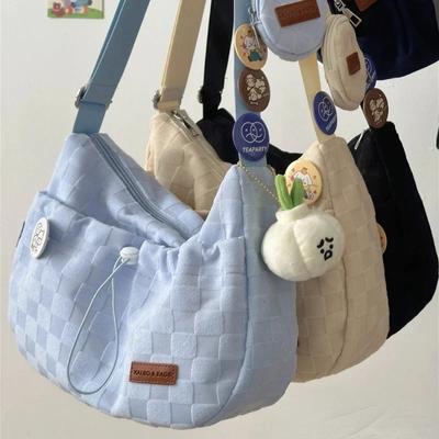 Harajuku Style College Style Crossbody Bag Solid Color Plaid Print Large Capacity Shoulder Bag New Cute Fashion Handbag