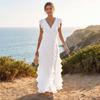 Abito Maxi da Donna con Scollo a V, Maniche Corte, Orlo Arricciato, Drappeggiato, Elegante Design in Vita, Abito Lungo Formale per Feste ed Eventi Serale