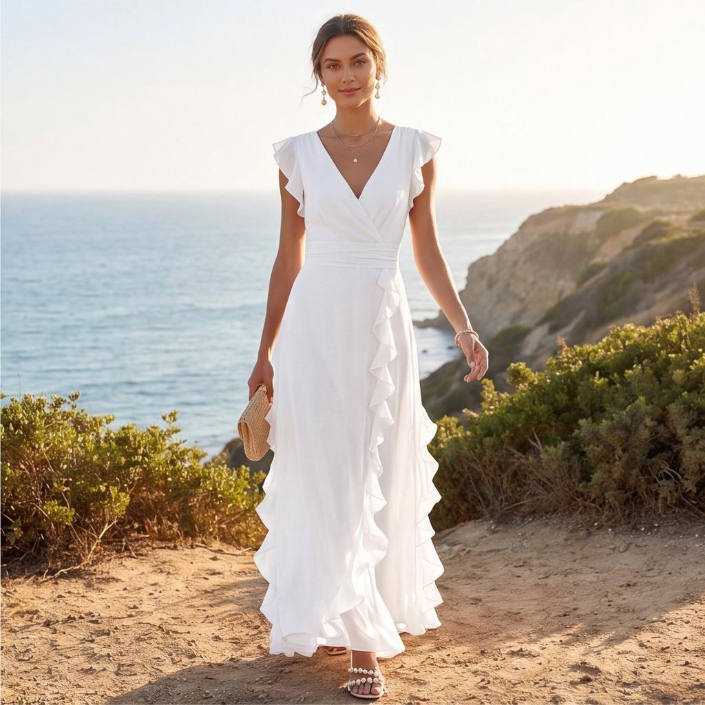 Abito Maxi da Donna con Scollo a V, Maniche Corte, Orlo Arricciato, Drappeggiato, Elegante Design in Vita, Abito Lungo Formale per Feste ed Eventi Serale