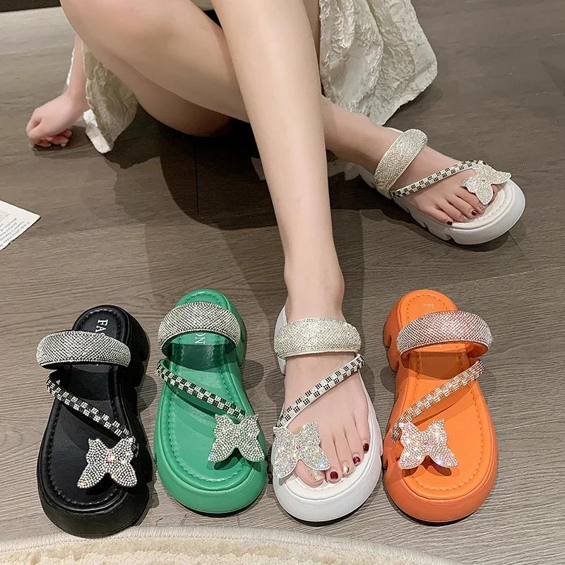 Fashion Women's Flat Slippers Toe Clip Bow Tie Rhinestones Anti-slip Slippers Shoes Leisure Beach Summer Fashion New Sandalias De Mujer