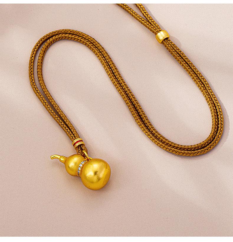Retro Vietnamese Gold Gourd Necklace with Zircon Inlay - Versatile Pendant Chain for Men and Women