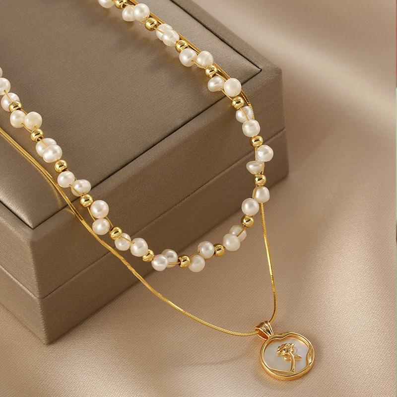 Freshwater Pearl Double Stacked Chain Dripping Oil Rose Necklace Cross Braided Small Granular Freshwater Pearl Clavicle Chain