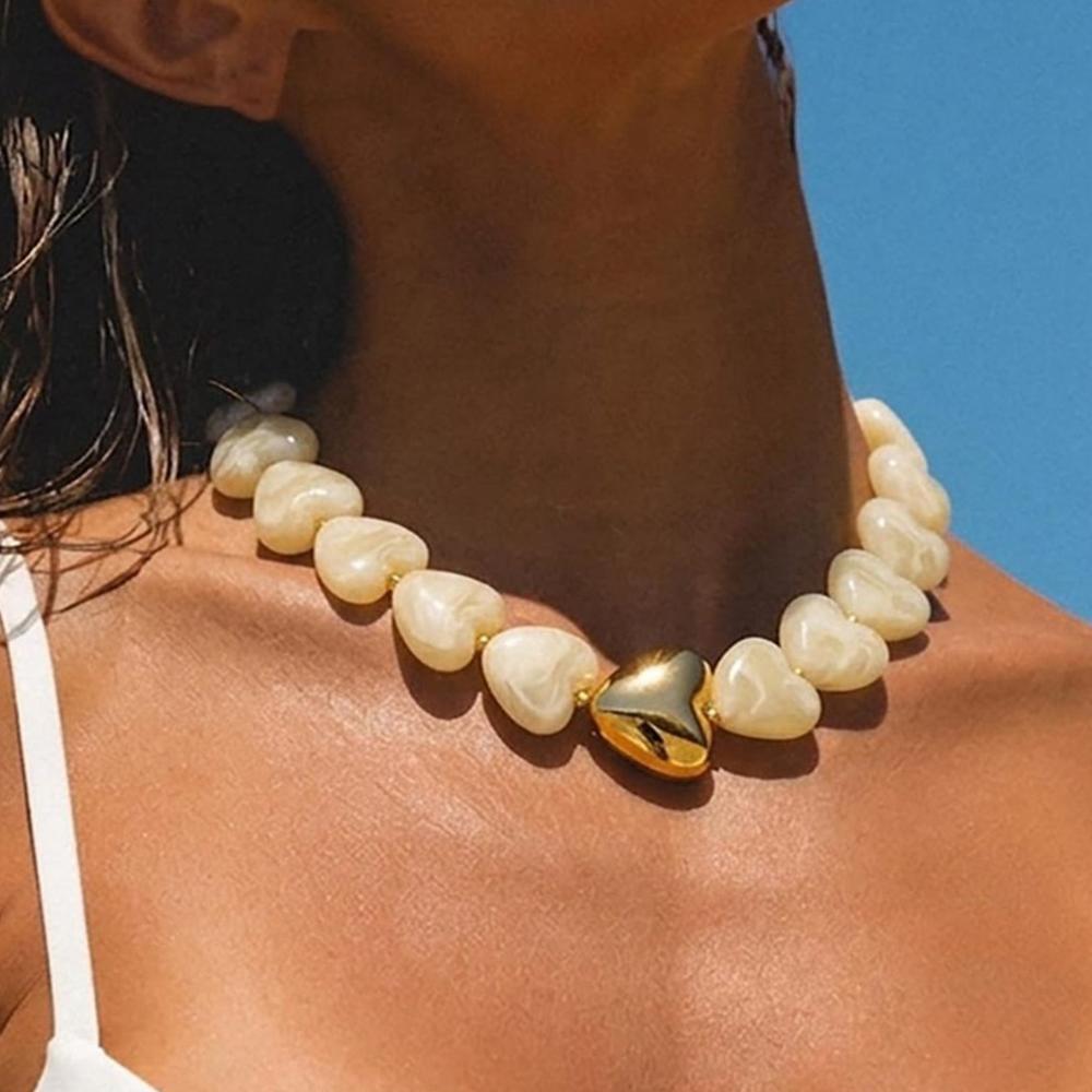 Multicolour Resin Heart Choker Necklace for Women Waterproof Stainless Steel Chunky Necklaces Fashion Jewelry Summer Beach Gifts