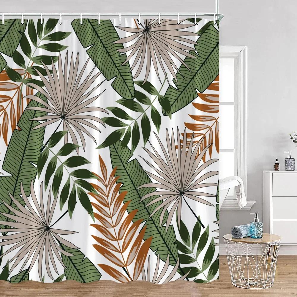 Tropical Leaves Shower Curtain Green Leaf Palm Flower Flower Bathroom Curtain Green Plant Bathroom Decoration with Hook
