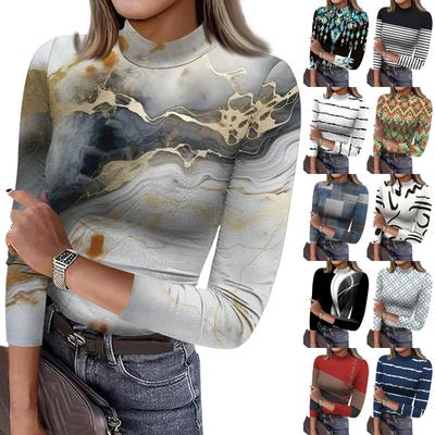 Women's Slim Bottom T-shirt Fashion Casual Gradient Printing Round Neck Pullover 3/4 Sleeve Top