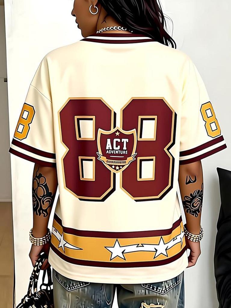 Women's Plus Size V-Neck Drop Shoulder Letter Print Loose Casual T-Shirt