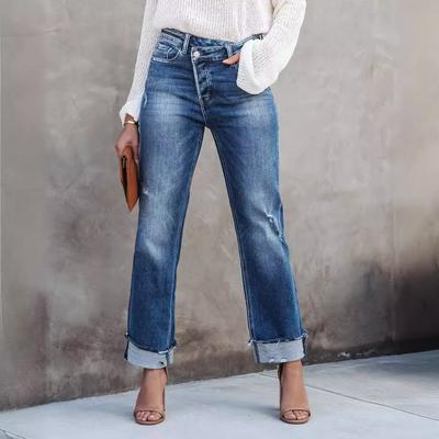 Urban Casual Wash Straight Leg Denim Pants for Women Trousers