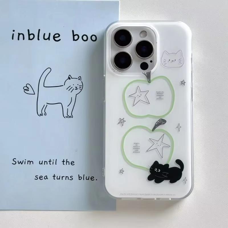 Simple Cartoon Cute Black Cat Lines Apples Stars Phone Case For iPhone 17 AIR 16 15 14 13 12 11 PRO MAX PLUS Dustproof Cover