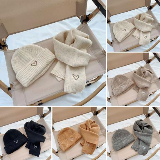 2Pcs/Set Knitted Hat Scarf Set Heart Embroidery Pattern Kids Brimless Hat Long Scarf Set Soft Breathable Winter Accessory
