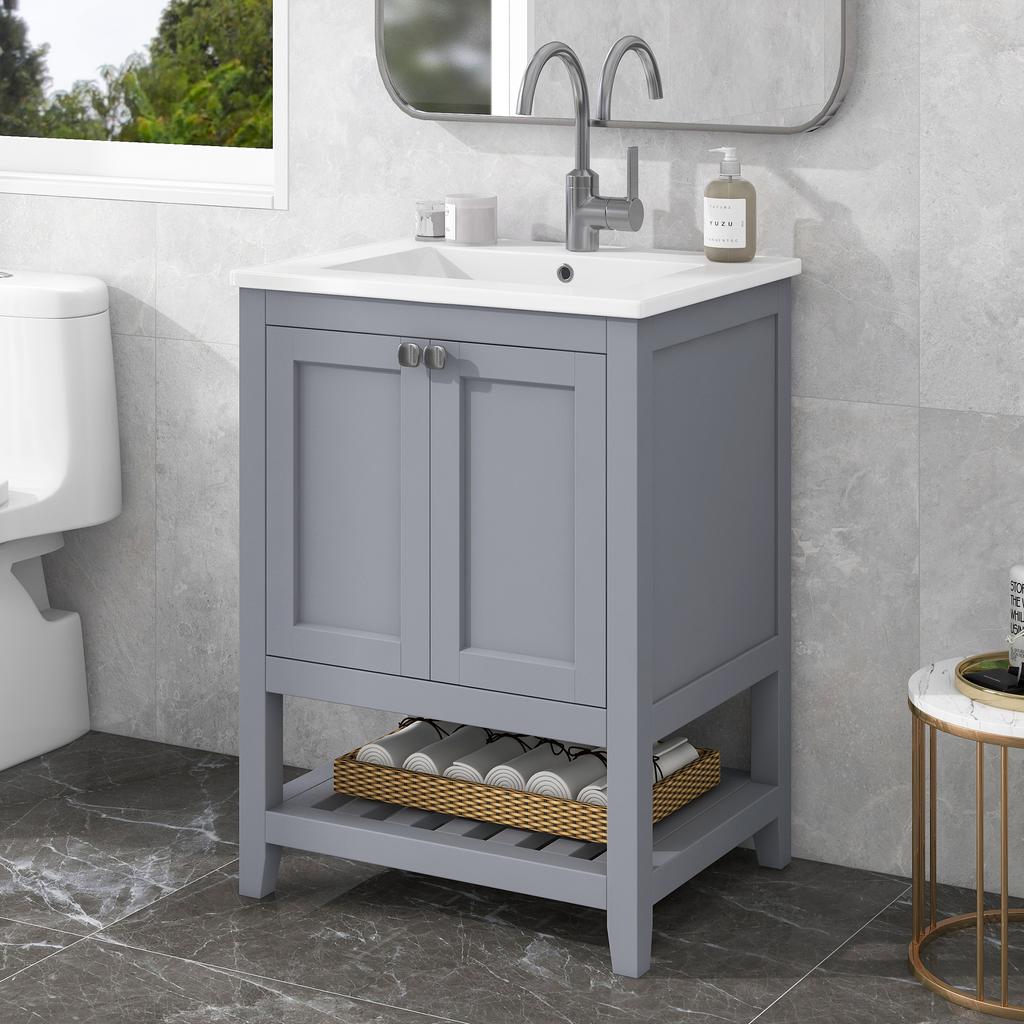 Bathroom Furniture Single Vanity with Base Cabinet 60cm with Ceramic Washbasin, Light Gray