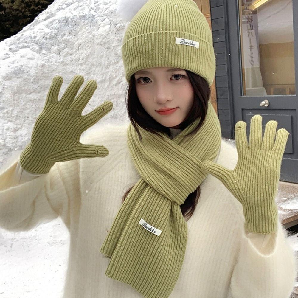 Wool Hat Scarf Gloves Set Solid Color Winter Beanie Hat Neck Warmer Thermal Knit Cap Cold Weather