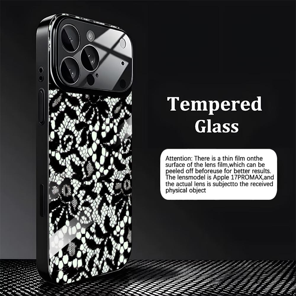 Black & White Floral Lace Glass phone case mobile phones for iphone 17 pro max cover for iPhone 17 16 15 14 13 12 11pm Pro Plus