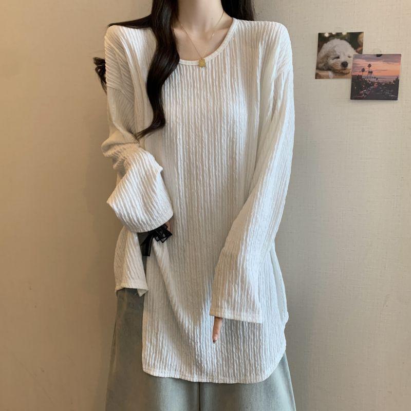 

Women s Plus Size Star-Textured Long Sleeve T-Shirt with Bowknot - Slimming, Loose Fit for Autumn Large белый