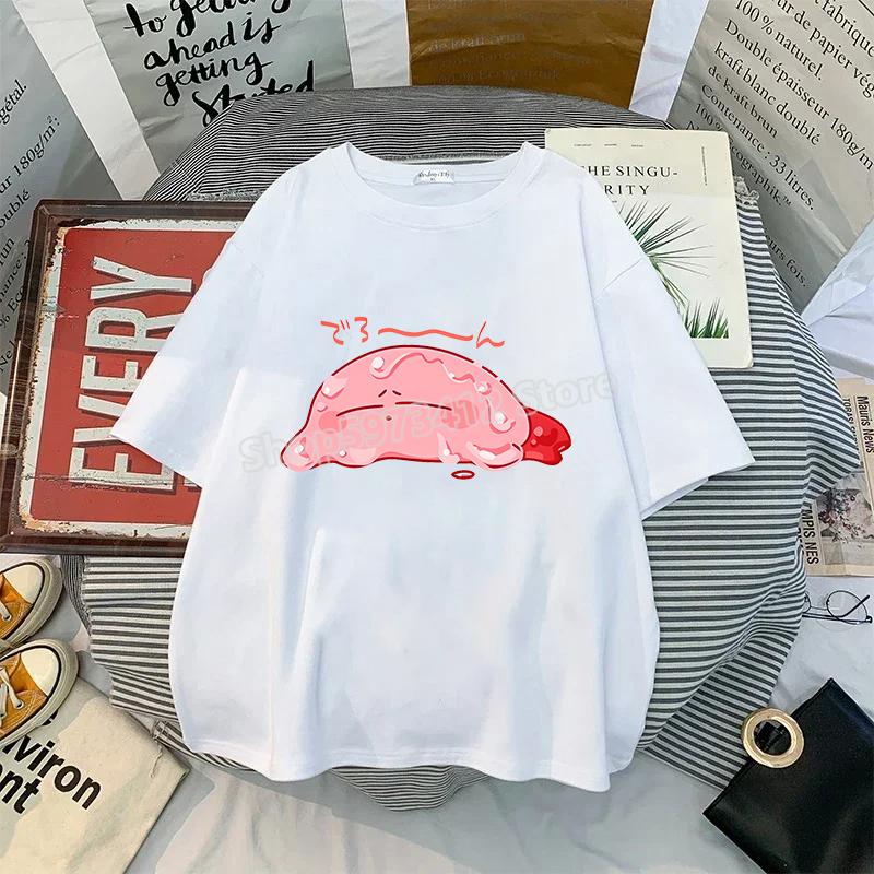Kirby Shirt Summer O-neck Round T-shirt Cotton Short-Sleeve Tops Solid Color Adult Printed Anime White Tshirt Collar Couple Tees