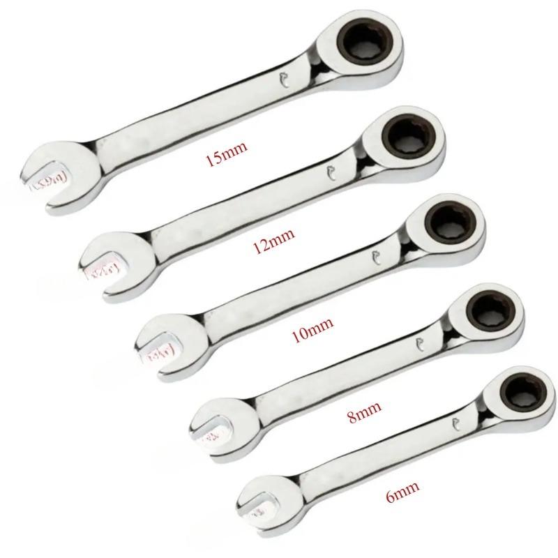 6/8/10/12/15mm CR-V Steel Stubby Ratcheting Combination Wrench Dual-use Reversible Spanner Mini Plum Blossom Hand Spanner