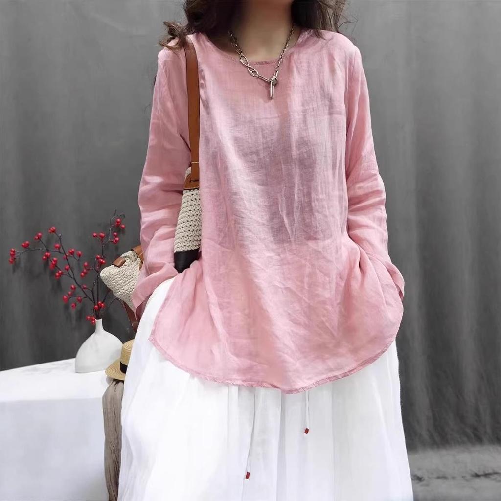 Women's Retro Cotton Linen Long Sleeve Mid-Length Chinese Style Lightweight Pullover Dress