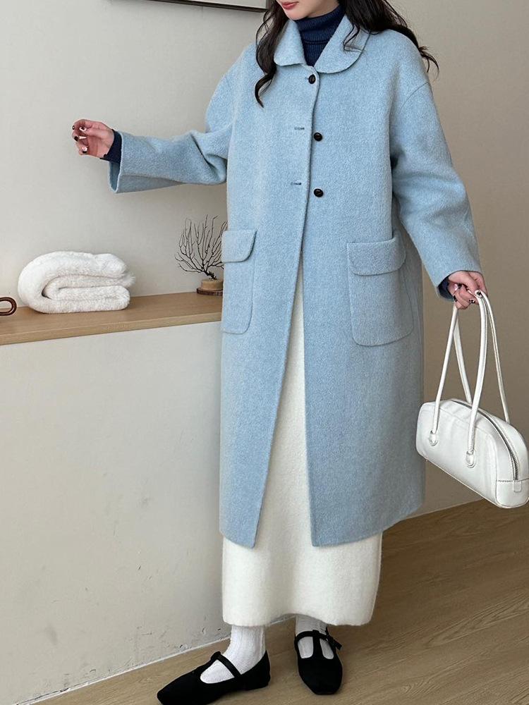 

Длинное осенне-зимнее двустороннее шерстяное пальто женское зимнее трехпуговичное с лацканами свободное шерстяное универсальное минималистичное пальто S