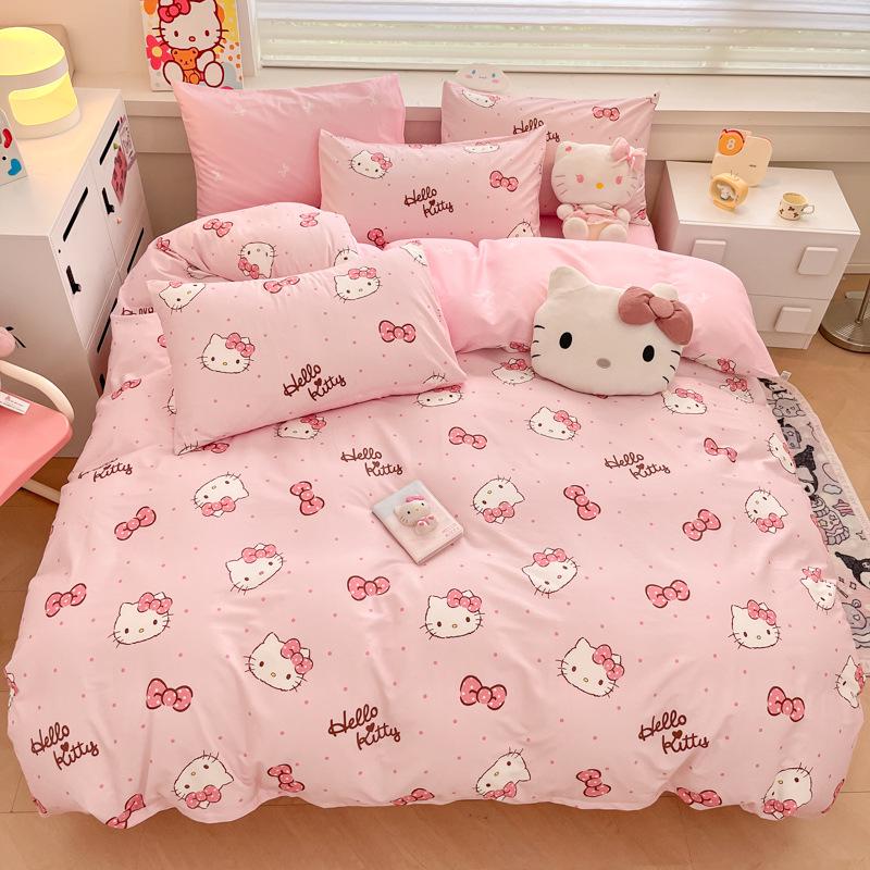 Hello Kitty All-Cotton Cute Cartoon Girl Fitted Sheet & Duvet Set - 4-Pc Dorm Style