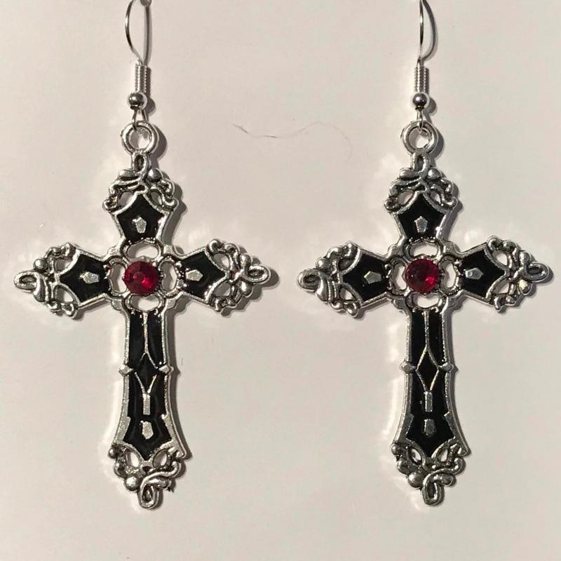 Sterling Silver Black Enamel Cross Earrings