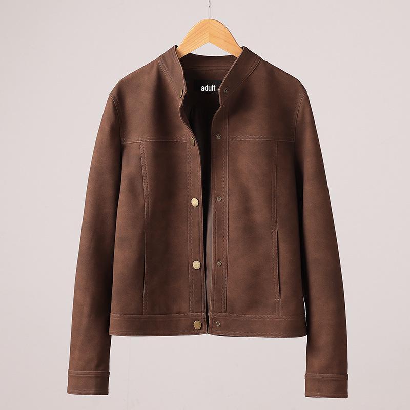 Women's Retro Suede Stand Collar Motorcycle Leather Jacket - Slim Fit, Genuine Leather, 2025 Edition