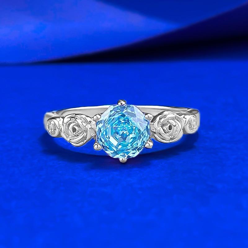 MooKing Jewelry Rose Wreath Aquamarine Light Luxury Rose-Cut Wedding Ring
