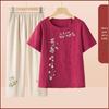 Summer Embroidered Two-Piece Home Set for Mature Women - Thin Cotton & Linen
