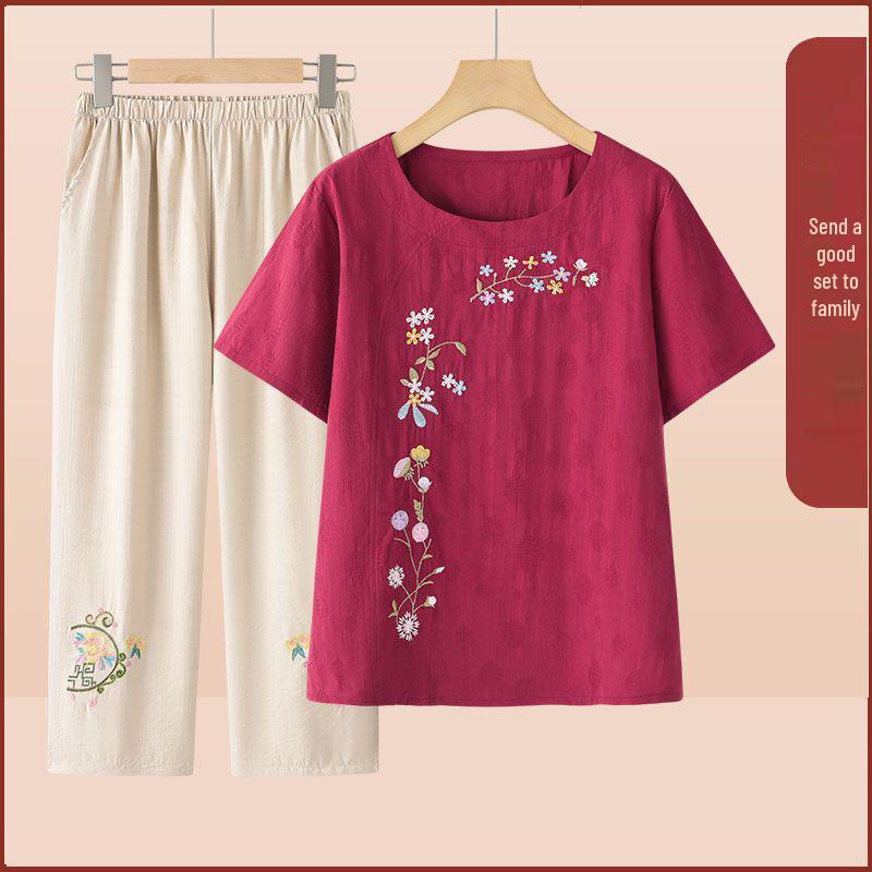 Summer Embroidered Two-Piece Home Set for Mature Women - Thin Cotton & Linen