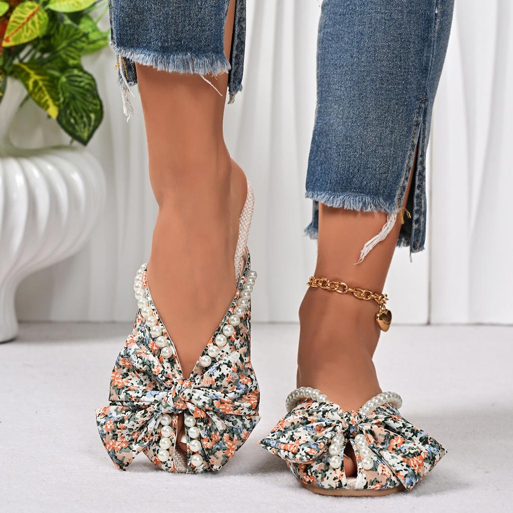 Women Slippers Summer Fashion Slippers Pearl Bow Round Head Flat Sandals Bag Toe Versatile Large Size Shoes Women Slides Women