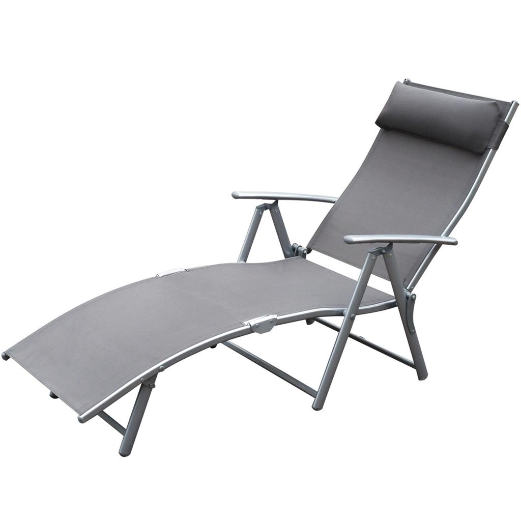 Sun Lounger Steel Frame Outdoor Folding Chaise Texteline Lounge Chair Recliner With Headrest And 7 Levels Adjustable Backrest Grey