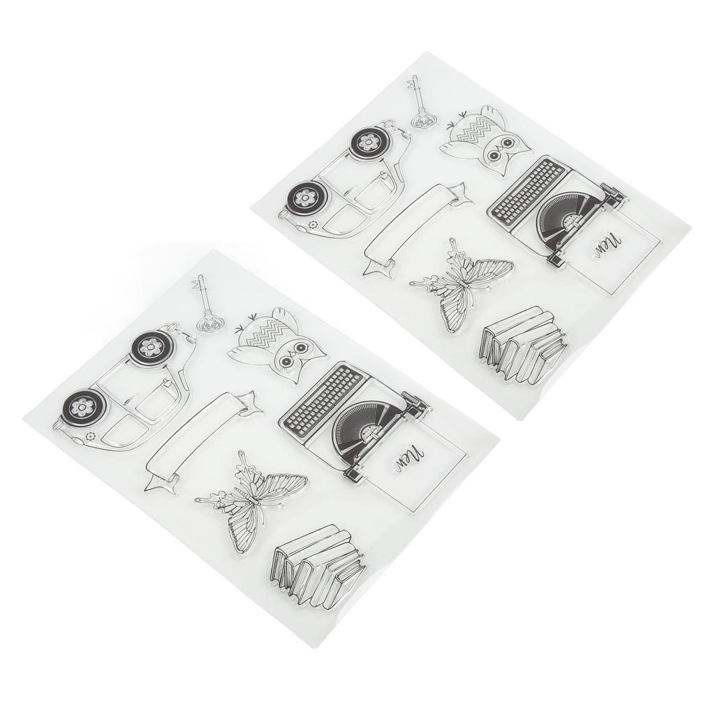 2Pcs Transparent Briefmarken Klar Impressum Schreibmaschine Auto Eule Muster Silikon Klar Briefmarken Dichtungen fo