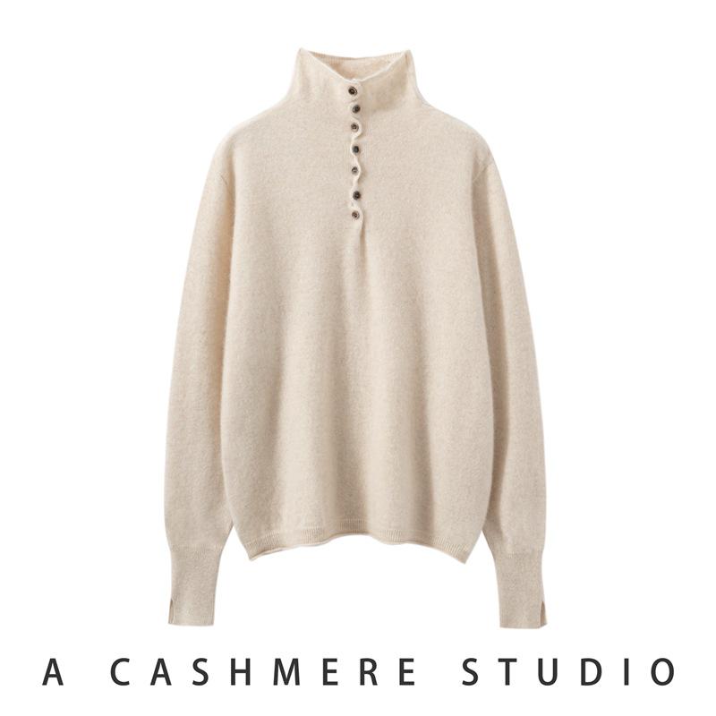 2025 Women's Cashmere Wool High Neck Multi-Button Sweater - Autumn Winter Solid Design