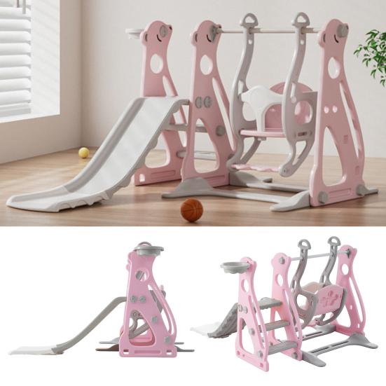 Kids Slide Swing Set, 4 In1 Baby Mini Playground, Freestanding Baby Playground with Non-Slip Ladder, Slide, Swing, Basketball Hoop Set