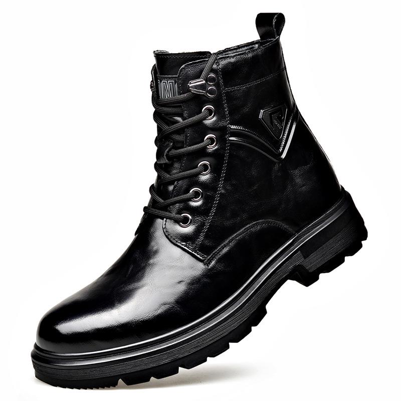 Men's Trendy Wool-Lined Cowhide High-Top Martin Boots with Side Zipper - Casual and Warm.