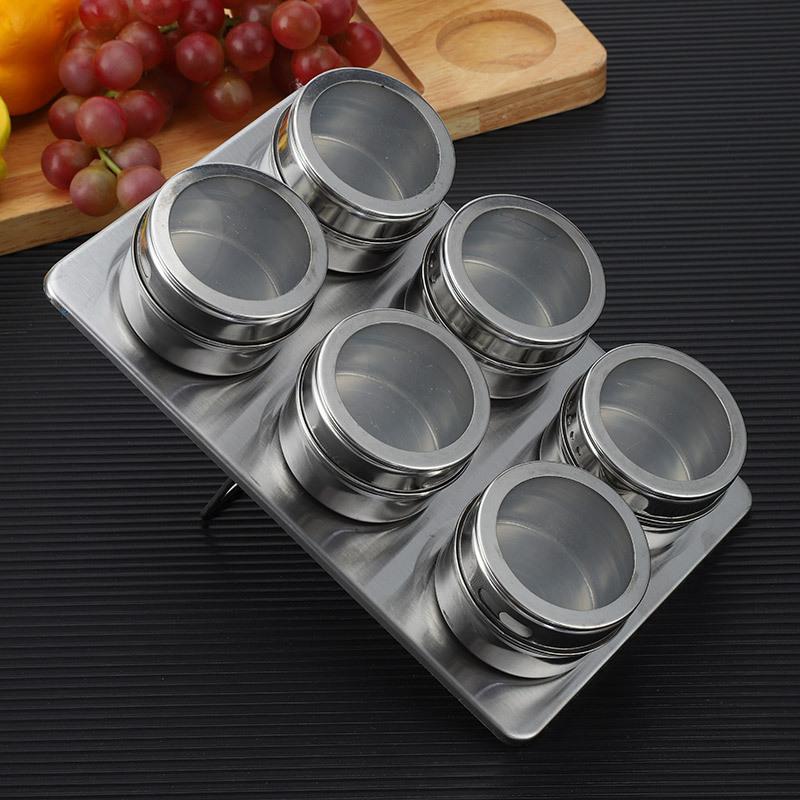 NEW 6pcs/set Magnetic Spice Tin Jar with Rack Stainless Steel Spice Sauce Storage Container Clear Lid Jars Kitchen Condiment