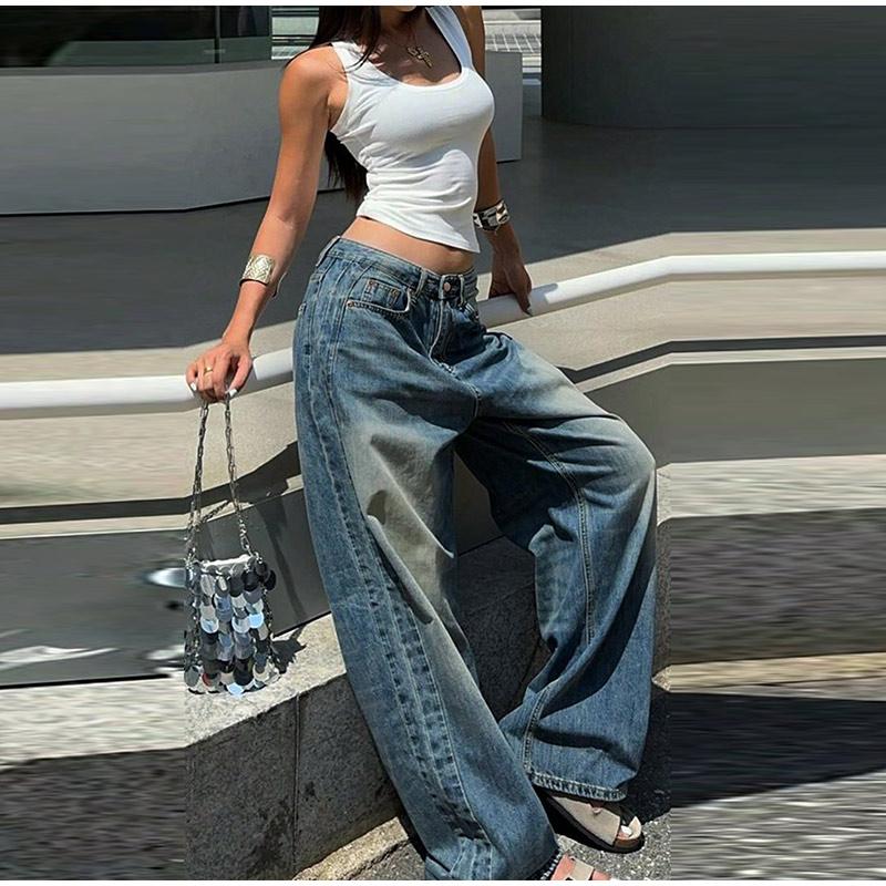 Fashion Wide Leg Denim Pants Women Vintage High Waist Zipper Button Pockets Long Jeans 2026 Spring New Lady High Street Trousers