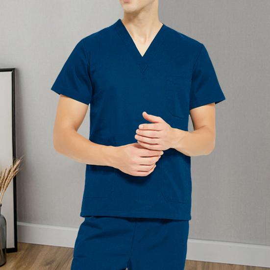 2Pcs/Set Unisex Hospital Uniform Set V-neck Short Sleeve Pockets Tops Elastic Waist Jogger Pants Set Quick Drying Beauty Parlor Dental Nurse Work Suit