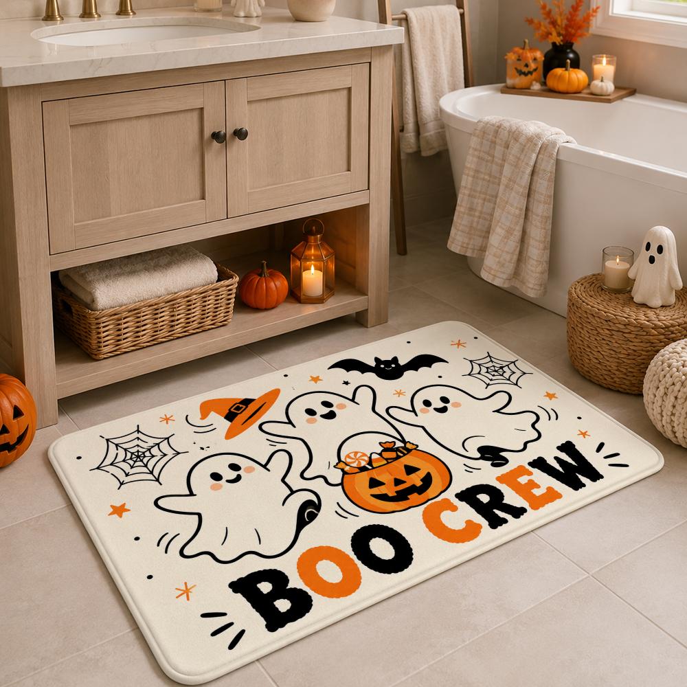 Cute Ghost Crew with Pumpkins in Kawaii Halloween Floor Mat Soft Flannel Non Slip Absorbent Entryway Bathroom Bedroom Garage