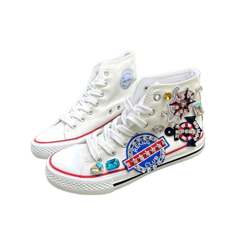 

Fashion Handmade Decoration Women Shoes New Retro Sneakers Shoes Woman Canvas Round Toe Cross-tied Causal Flats Female High Top Shoes 35 белый