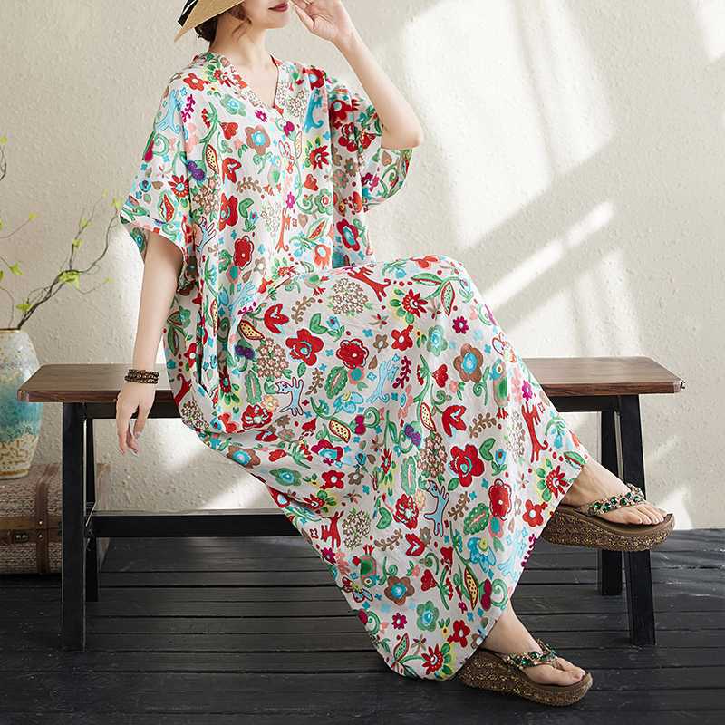 Summer Cotton and Linen Printed Loose and Simple Long Skirt, Women's Skirt Thin