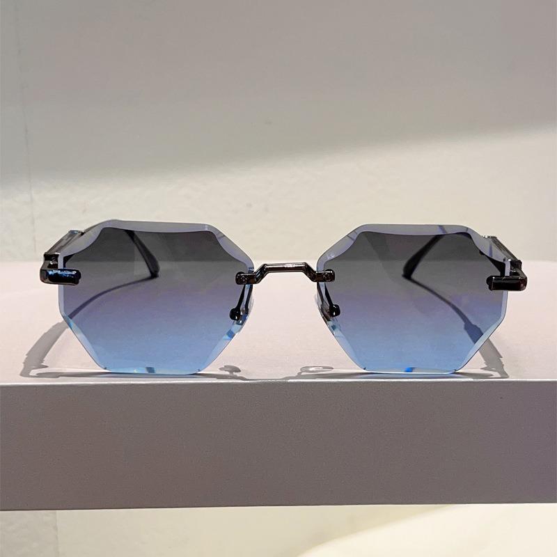 Non-polarized Europe and America Polygon Diamond Edge Trimming Rimless Sunglasses Men Women Fashion Ocean Slicemetal Frame Glasses